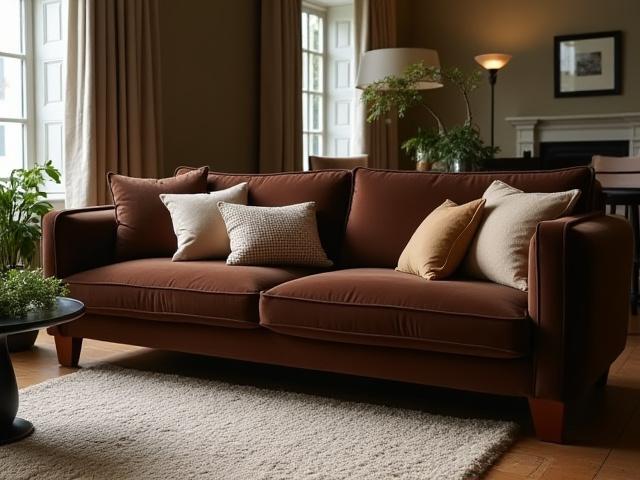 A styled living room with velvet sofa, linen curtains, and a plush wool rug